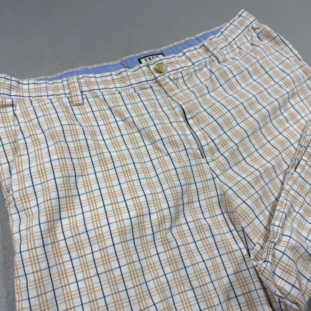 IZOD Mens Plaid Shorts Tan Navy Blue White Cotton Flat Front Size 36